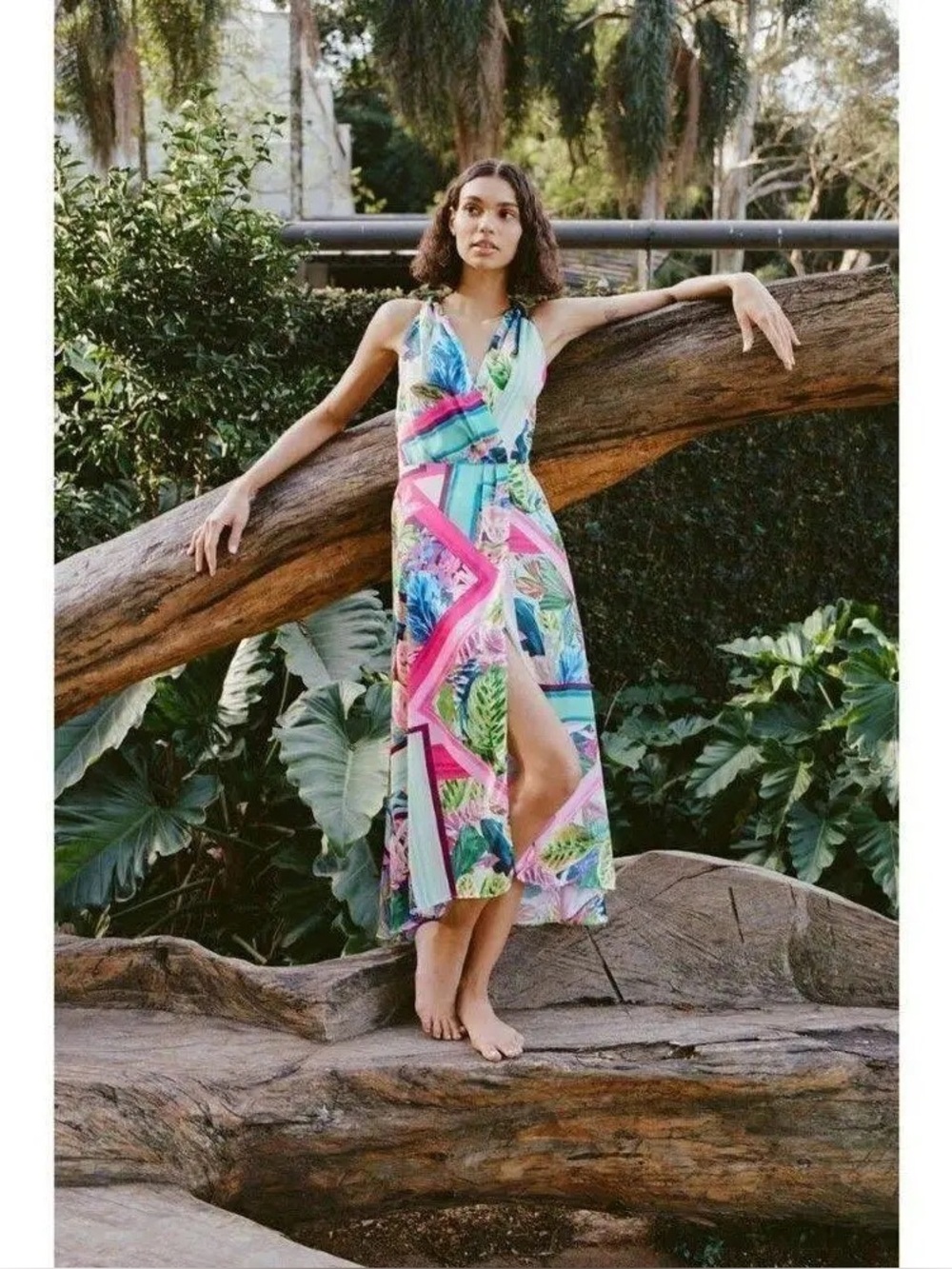 NWT Zara Satin Tropical Print Dress with Deep V and Cross Back Size S